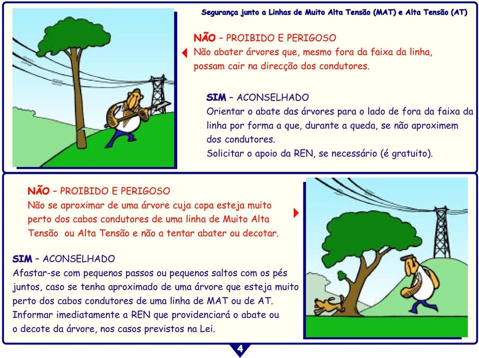 Não se aproximar de uma árvore cuja copa esteja muito perto dos cabos condutores de uma linha de Muito Alta Tensão ou Alta Tensão e não a tentar abater ou decotar.