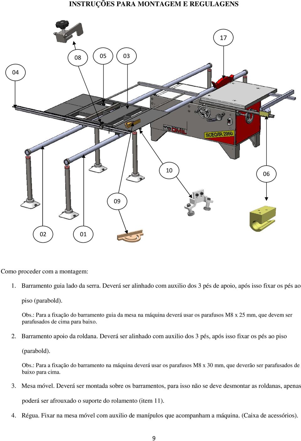 : Para a fixação do barramento guia da mesa na máquina deverá usar os parafusos M8 x 25 mm, que devem ser parafusados de cima para baixo. 2. Barramento apoio da roldana.