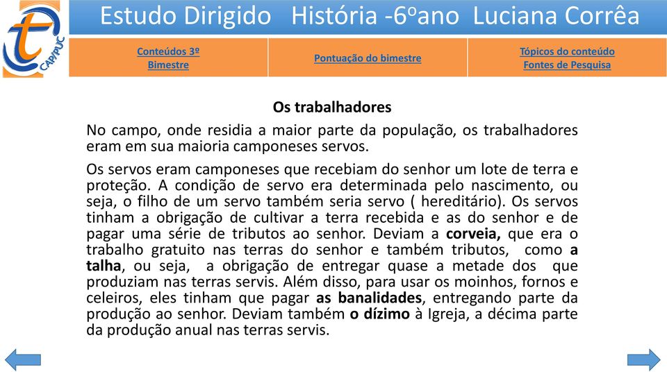 Os servos tinham a obrigação de cultivar a terra recebida e as do senhor e de pagar uma série de tributos ao senhor.