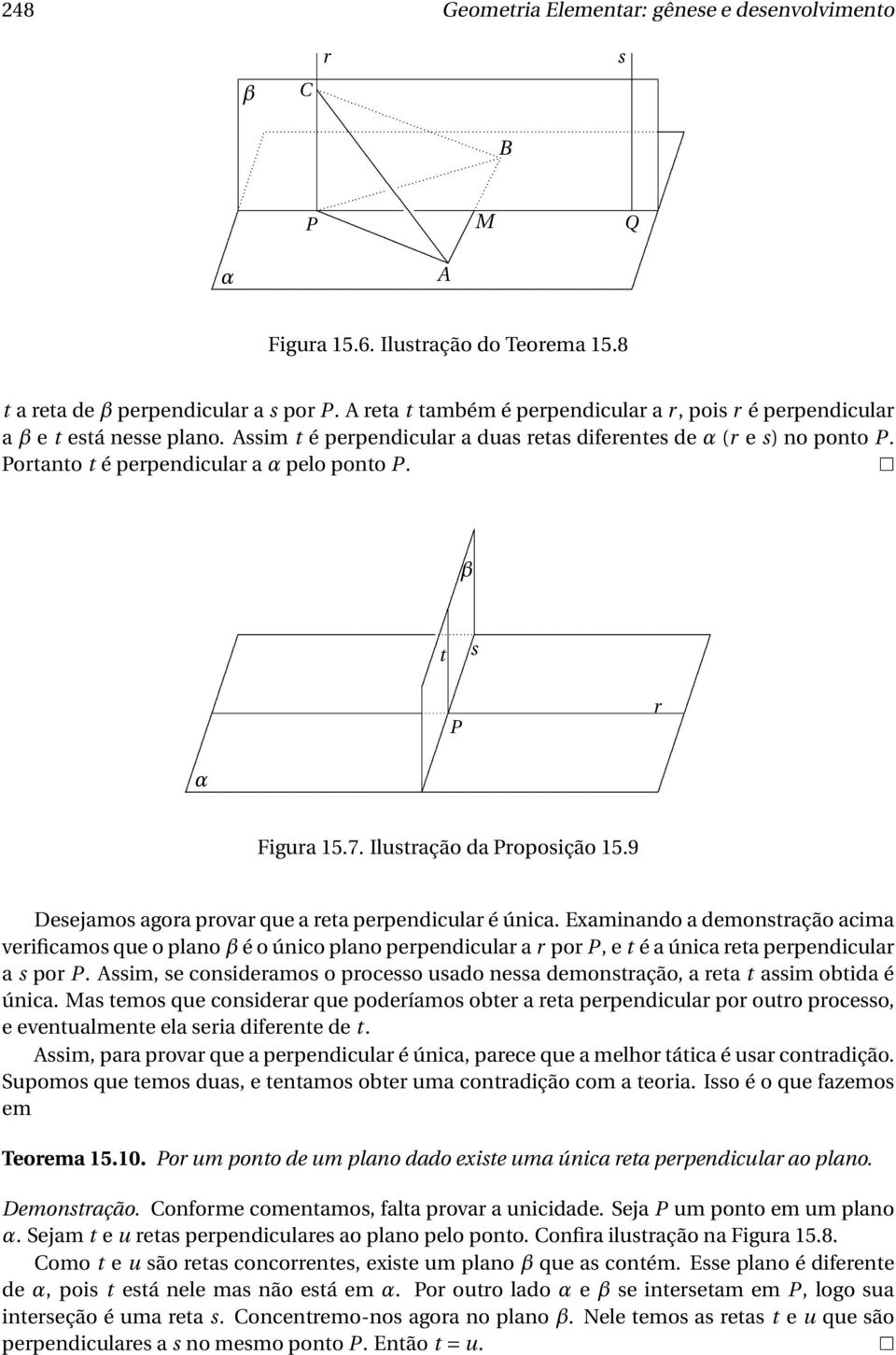 Proposição 159 Desejamos agora provar que a reta perpendicular é única Examinando a demonstração acima verificamos que o plano β é o único plano perpendicular a r por P, e t é a única reta