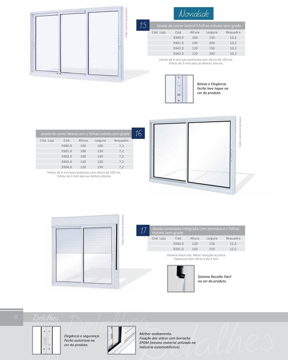 0 120 150 7,2 16 17 Janela veneziana integrada com persiana e 2 foas móveis sem grade 9240.0 120 120 12,5 9241.0 120 150 12,5 Sistema black out. Maior redução acústica.