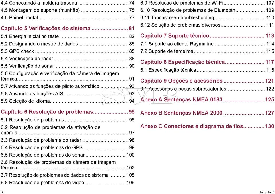 7 Ativando as funções de piloto automático... 93 5.8 Ativando as funções AIS... 93 5.9 Seleção de idioma... 94 Capítulo 6 Resolução de problemas...95 6.1 Resolução de problemas... 96 6.