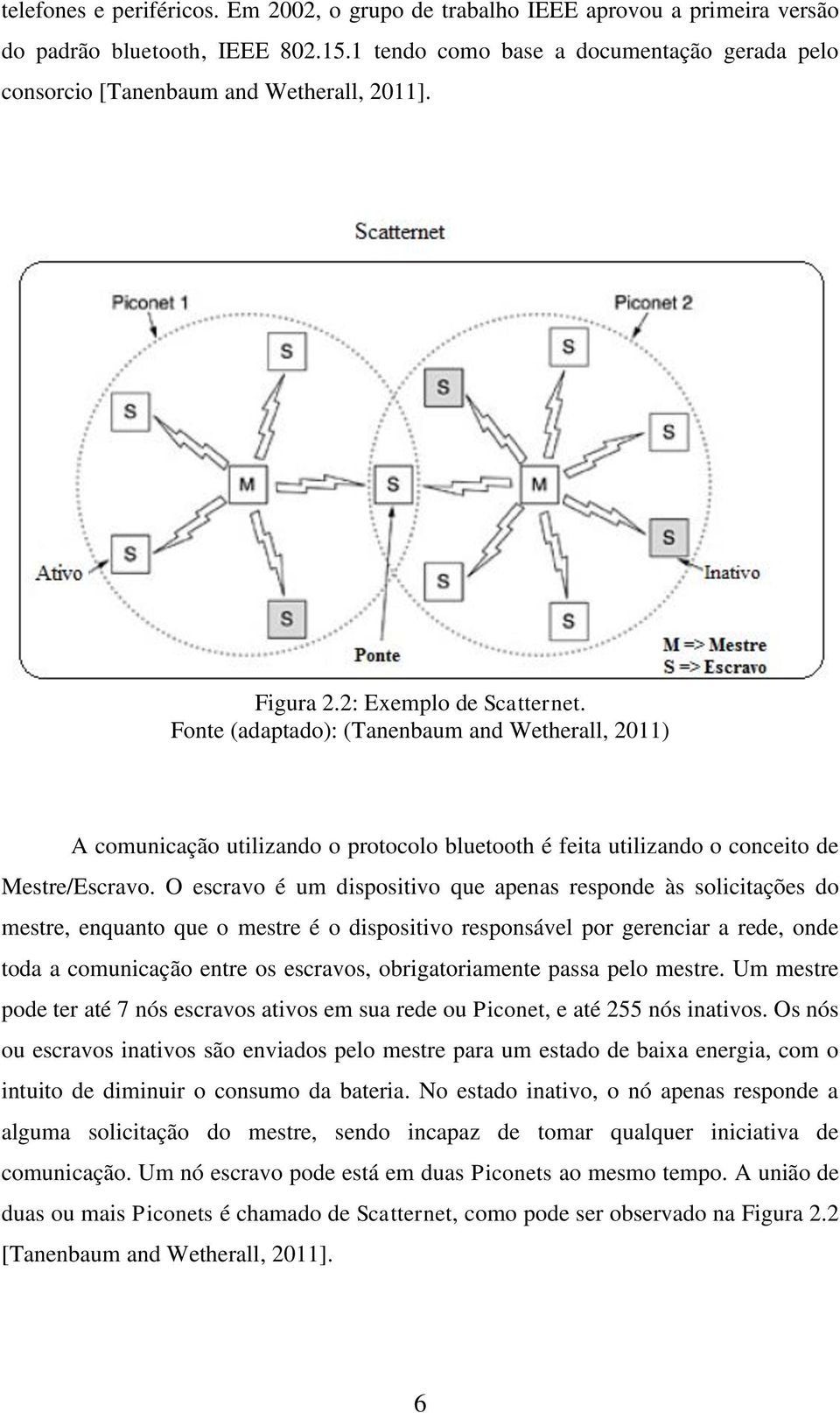 Fonte (adaptado): (Tanenbaum and Wetherall, 2011) A comunicação utilizando o protocolo bluetooth é feita utilizando o conceito de Mestre/Escravo.