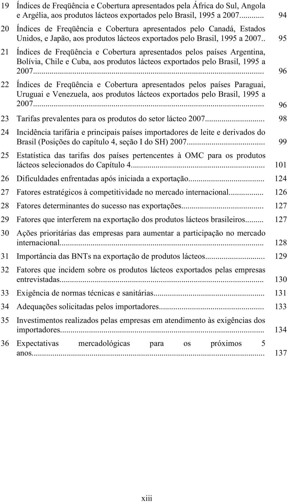 . 95 21 Índices de Freqüência e Cobertura apresentados pelos países Argentina, Bolívia, Chile e Cuba, aos produtos lácteos exportados pelo Brasil, 1995 a 2007.