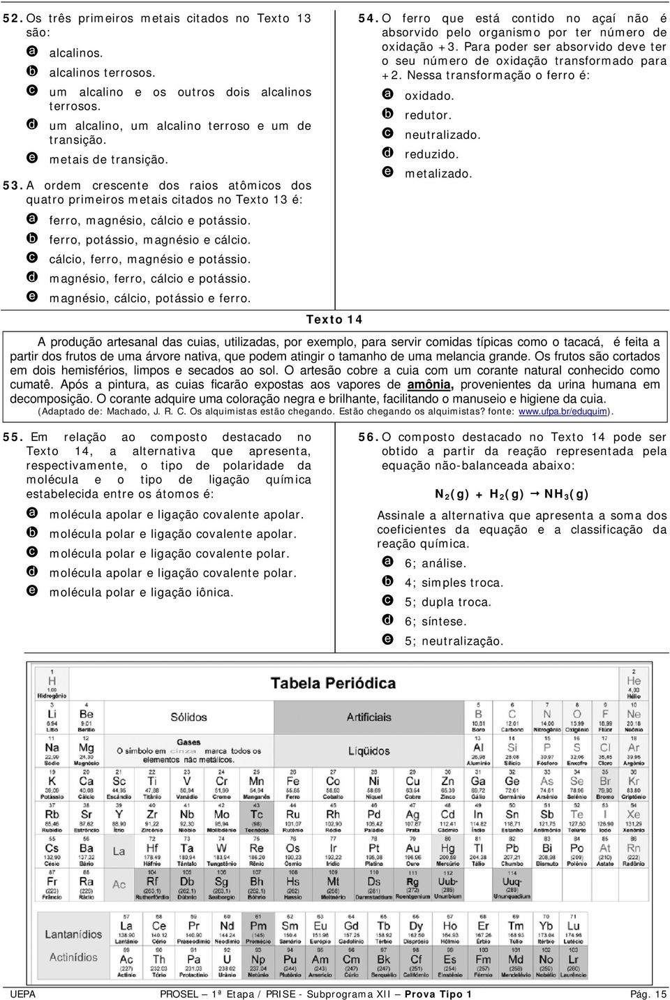 c cálcio, ferro, magnésio e potássio. d magnésio, ferro, cálcio e potássio. e magnésio, cálcio, potássio e ferro. Texto 14 54.