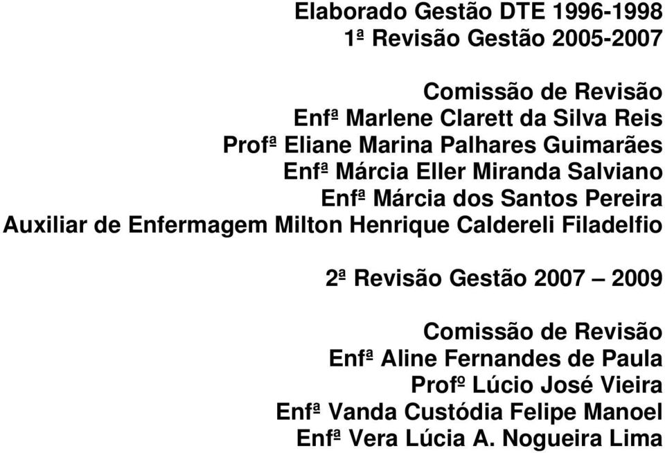 Auxiliar de Enfermagem Milton Henrique Caldereli Filadelfio 2ª Revisão Gestão 2007 2009 Comissão de Revisão