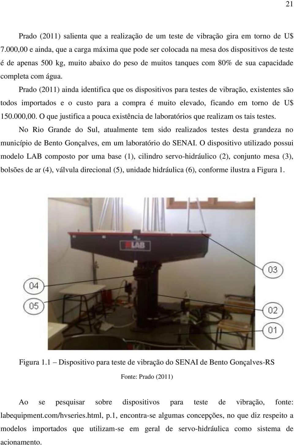 Prado (2011) ainda identifica que os dispositivos para testes de vibração, existentes são todos importados e o custo para a compra é muito elevado, ficando em torno de U$ 150.000,00.