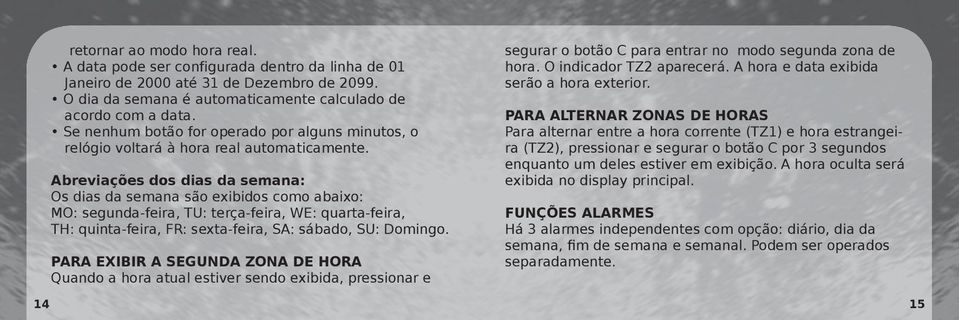 Abreviações dos dias da semana: Os dias da semana são exibidos como abaixo: MO: segunda-feira, TU: terça-feira, WE: quarta-feira, TH: quinta-feira, FR: sexta-feira, SA: sábado, SU: Domingo.