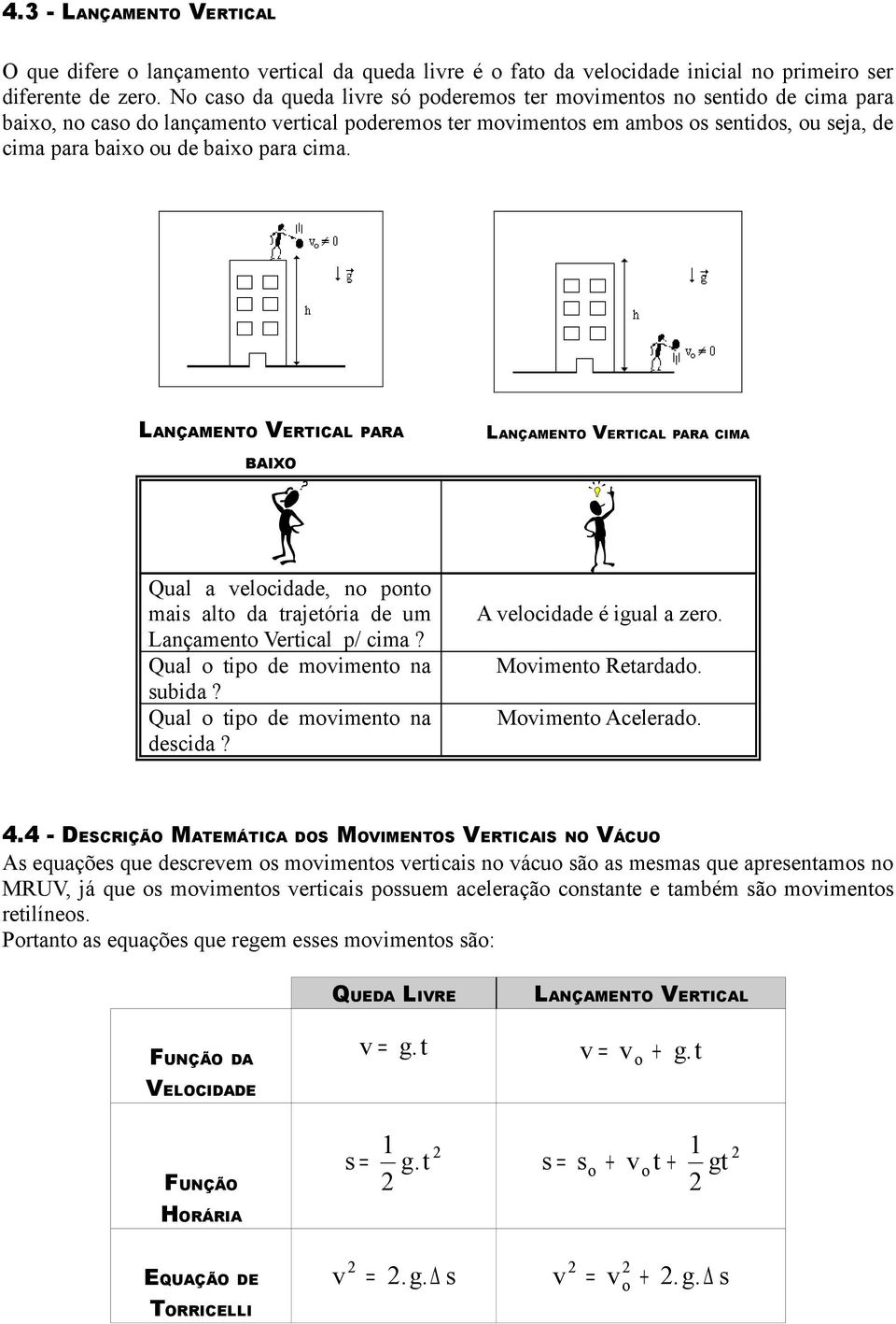 para cima. LANÇAMENTO VERTICAL PARA LANÇAMENTO VERTICAL PARA CIMA BAIXO Qual a velocidade, no ponto mais alto da trajetória de um Lançamento Vertical p/ cima? Qual o tipo de movimento na subida?