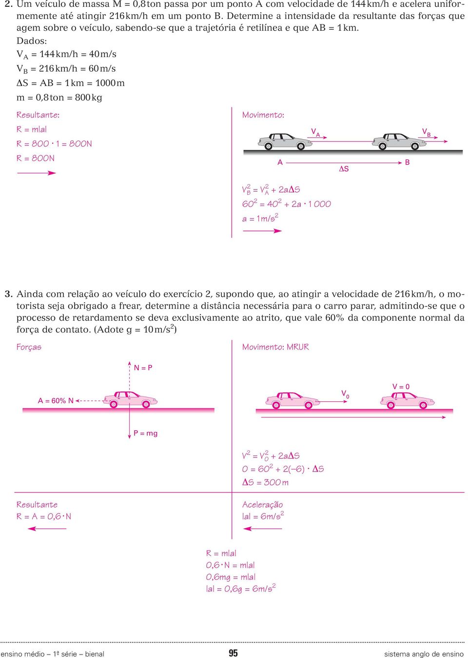 Dados: V A = 44km/h = 40m/s V B = 6km/h = 60m/s ΔS = AB = km = 000m m = 0,8ton = 800kg Resultante: R = m a R = 800 = 800N R = 800N Movimento: A V A V B = V A + aδs 60 = 40 + a 000 a = m/s ΔS B V B 3.