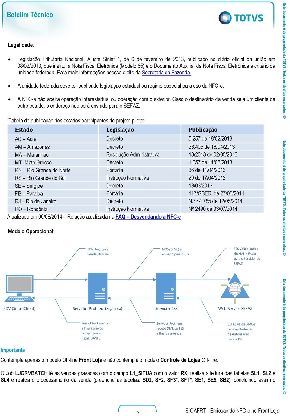 A unidade federada deve ter publicado legislação estadual ou regime especial para uso da NF-e. A NF-e não aceita operação interestadual ou operação com o exterior.