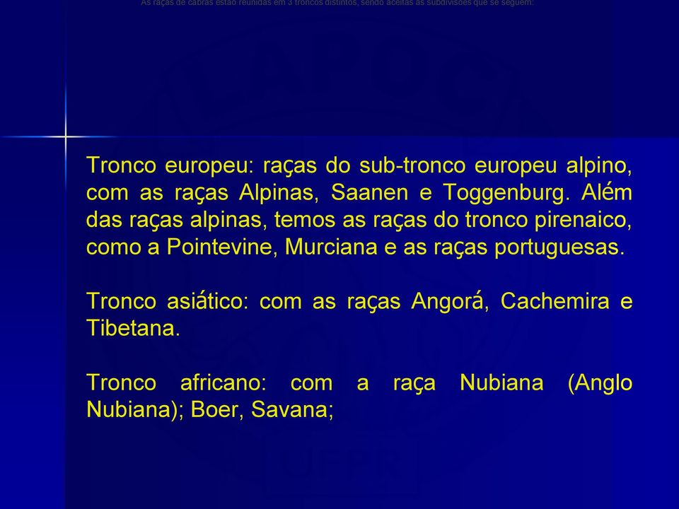 Além das raças alpinas, temos as raças do tronco pirenaico, como a Pointevine, Murciana e as raças