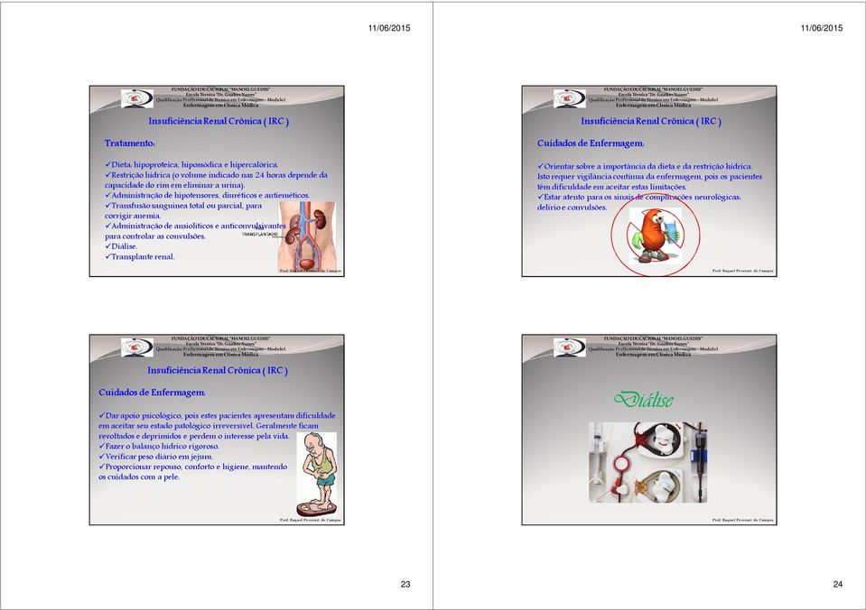 Diálise. Transplante renal. Insuficiência Renal Crônica ( IRC ) Cuidados de Enfermagem: Orientar sobre a importância da dieta e da restrição hídrica.