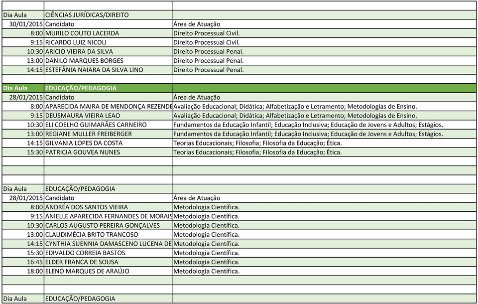 Dia Aula EDUCAÇÃO/PEDAGOGIA 8:00 APARECIDA MAIRA DE MENDONÇA REZENDEAvaliação Educacional; Didática; Alfabetização e Letramento; Metodologias de Ensino.