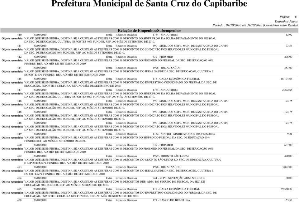 DE SANTA CRUZ DO CAP/PE 73,54 Objeto resumido: VALOR QUE SE EMPENHA, DESTINA-SE A CUSTEAR AS DESPESAS COM O DESCONTOS DO SINDICATO DOS SERVIDORES MUNICIPAL DO PESSOAL DA SEC.