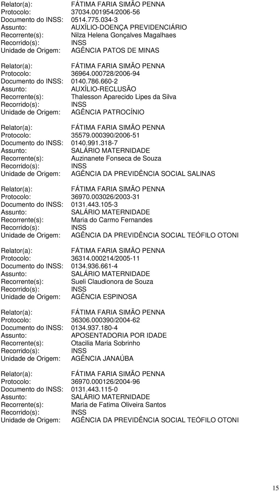 000390/2006-51 Documento do INSS: 0140.991.318-7 Recorrente(s): Auzinanete Fonseca de Souza Unidade de Origem: AGÊNCIA DA PREVIDÊNCIA SOCIAL SALINAS Protocolo: 36970.
