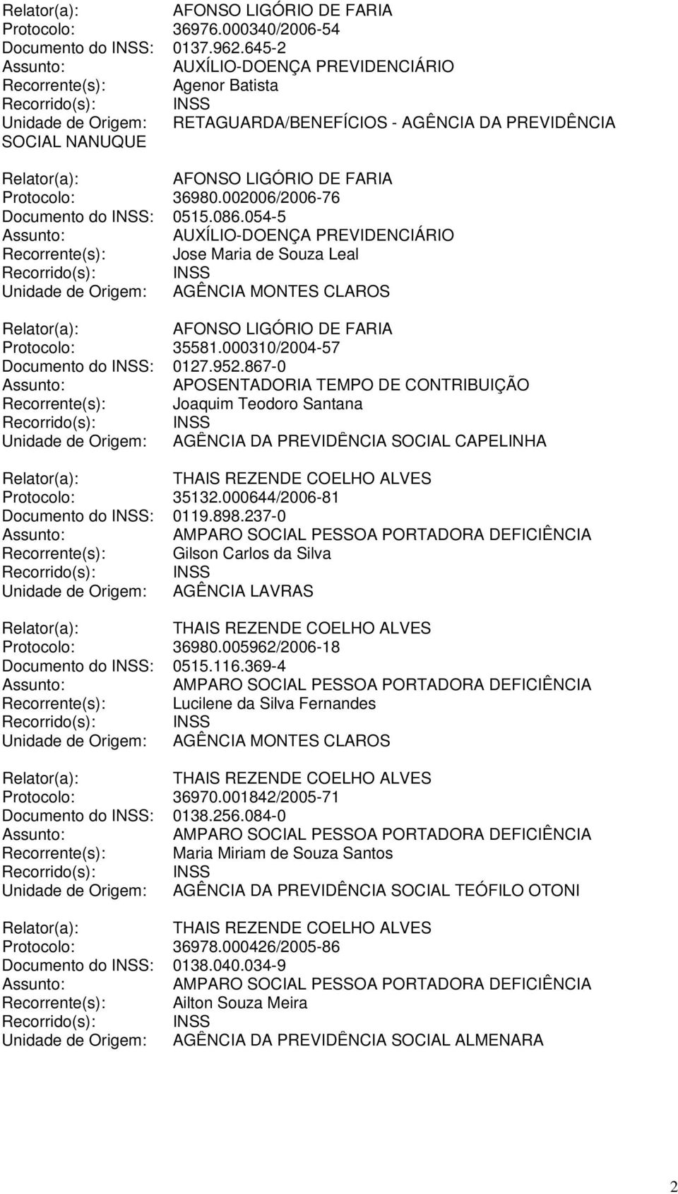 086.054-5 Recorrente(s): Jose Maria de Souza Leal Unidade de Origem: AGÊNCIA MONTES CLAROS AFONSO LIGÓRIO DE FARIA Protocolo: 35581.000310/2004-57 Documento do INSS: 0127.952.