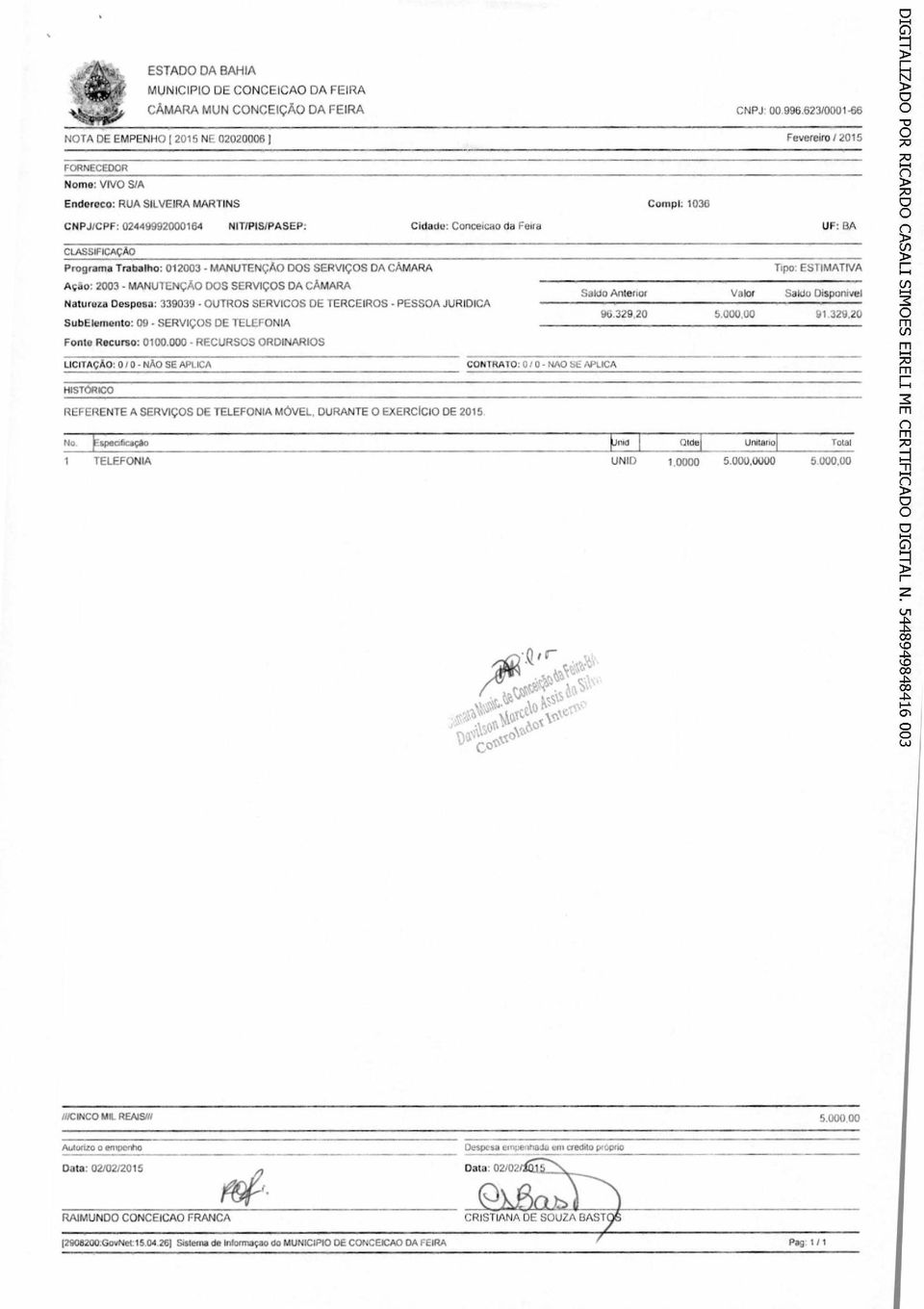 SERVICOS DE TERCEIROS - PESSOA JURIDICA SubEleniento: 09 - SERVIÇOS DE TELEFONIA Salde Anterior 96.329,