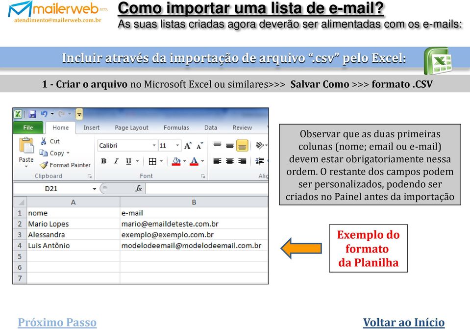 csv pelo Excel: 1 - Criar o arquivo no Microsoft Excel ou similares>>> Salvar Como >>> formato.