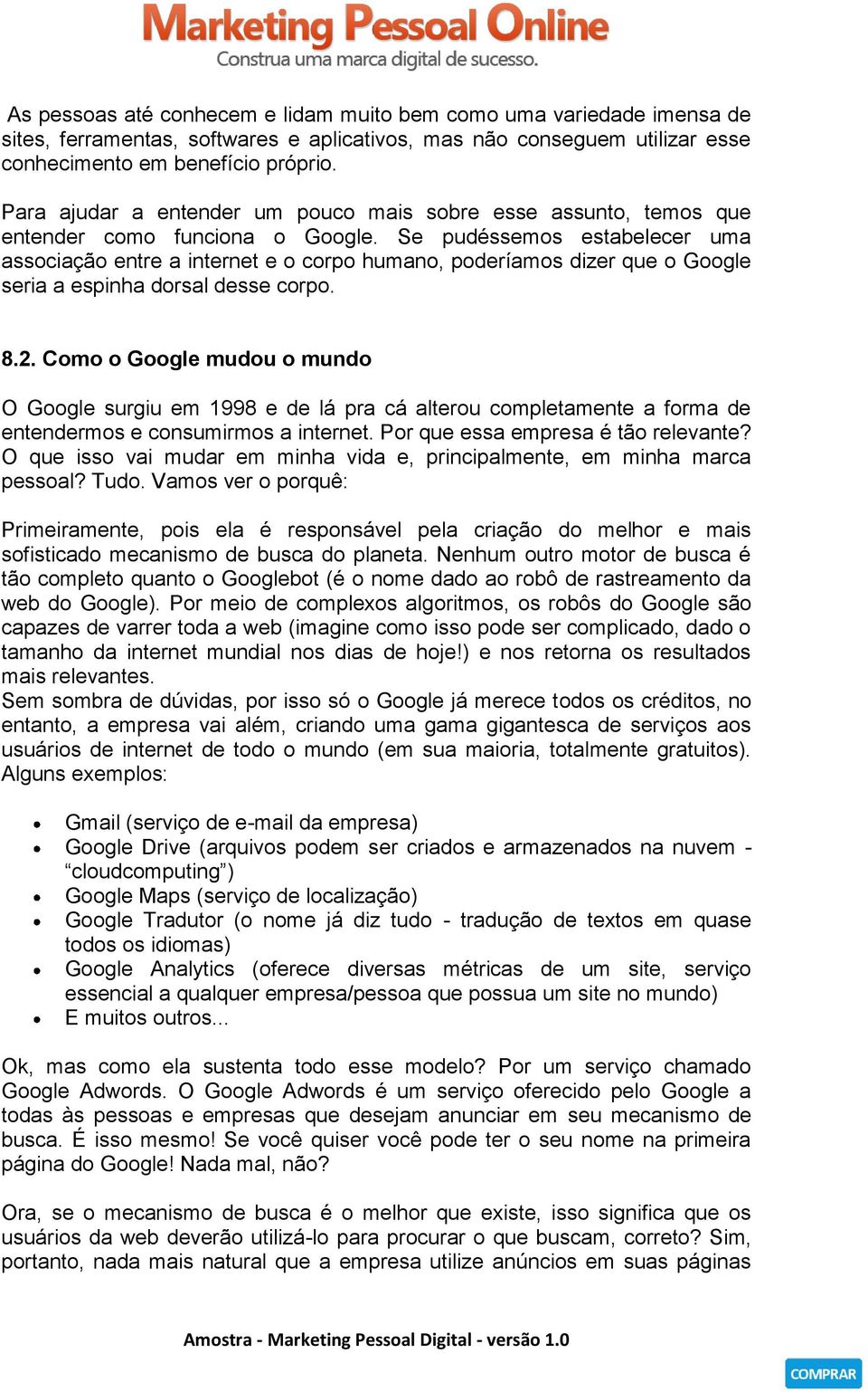 Se pudéssemos estabelecer uma associação entre a internet e o corpo humano, poderíamos dizer que o Google seria a espinha dorsal desse corpo. 8.2.