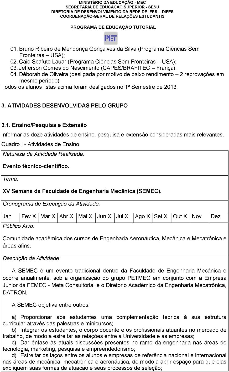 Déborah de Oliveira (desligada por motivo de baixo rendimento 2 reprovações em mesmo período) Todos os alunos listas acima foram desligados no 1º Semestre de 2013. 3.