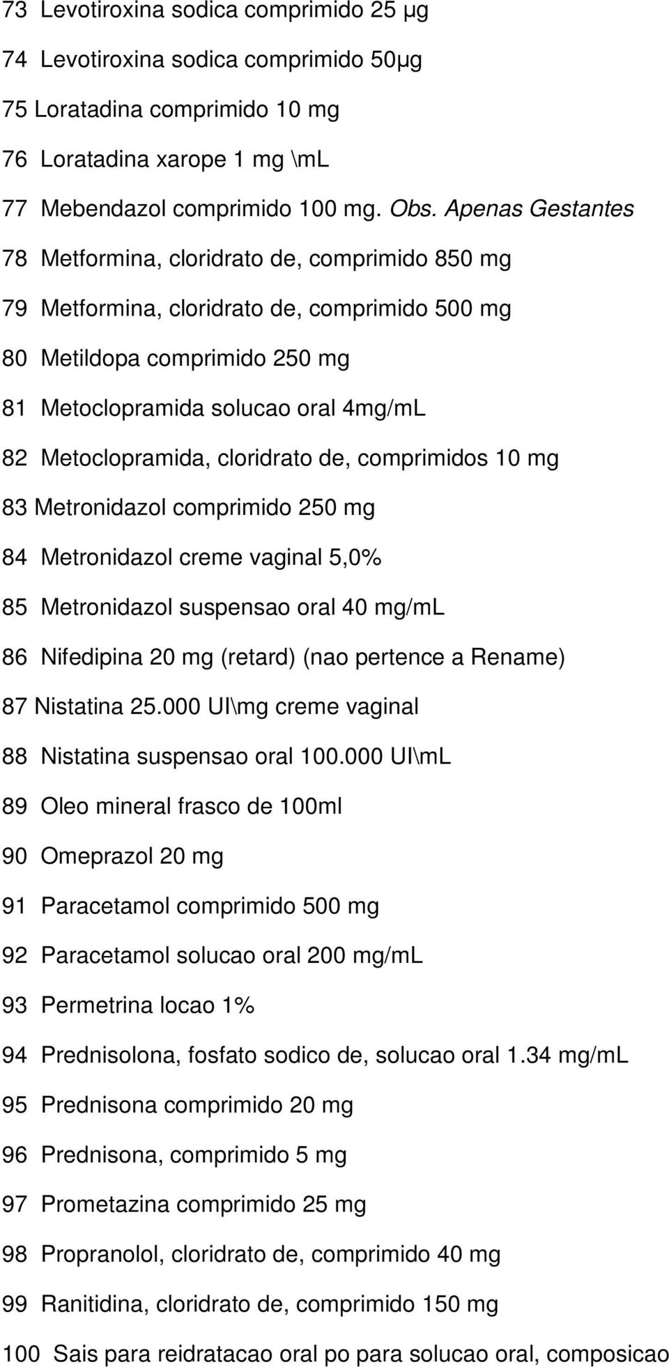 Metoclopramida, cloridrato de, comprimidos 10 mg 83 Metronidazol comprimido 250 mg 84 Metronidazol creme vaginal 5,0% 85 Metronidazol suspensao oral 40 mg/ml 86 Nifedipina 20 mg (retard) (nao