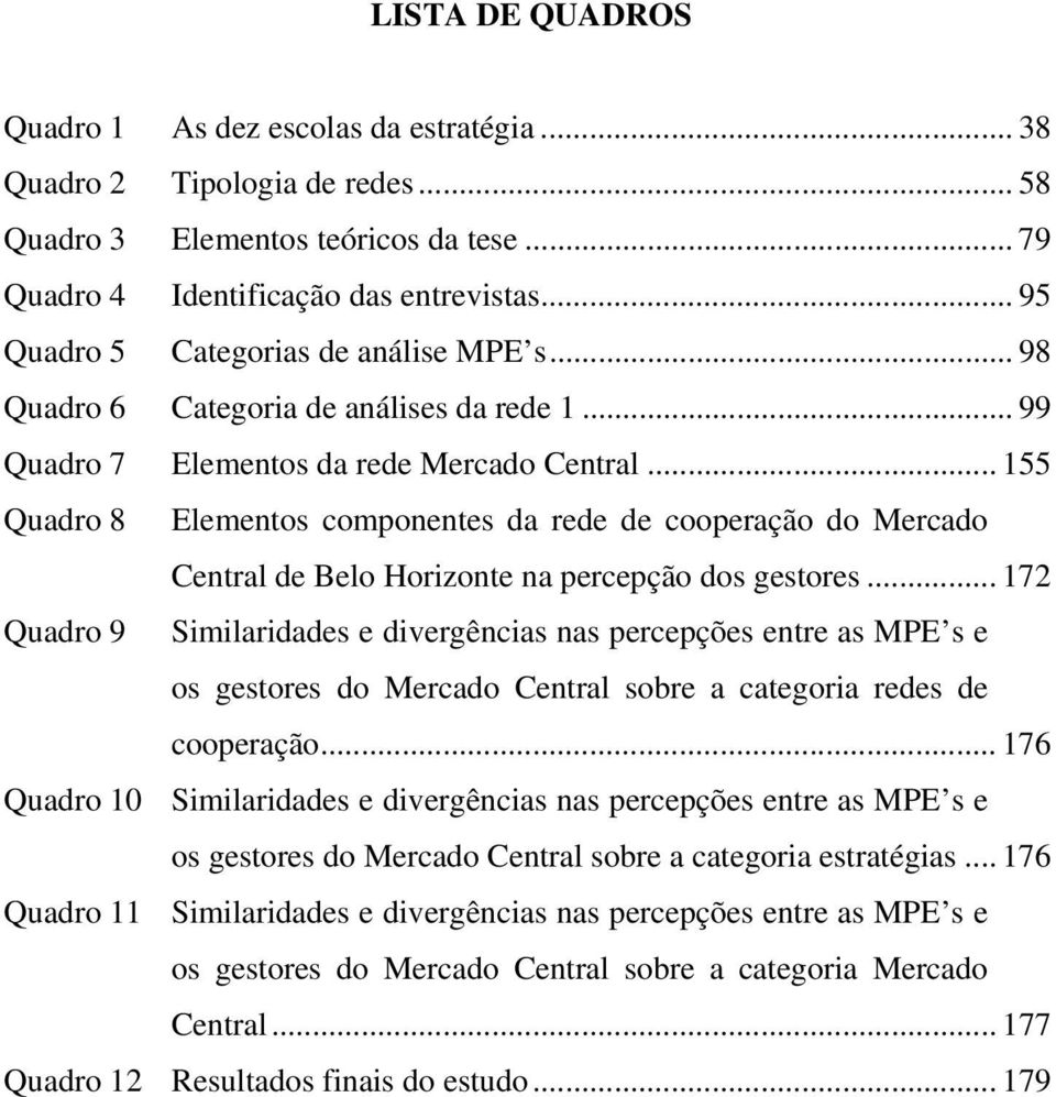 .. 155 Quadro 8 Elementos componentes da rede de cooperação do Mercado Central de Belo Horizonte na percepção dos gestores.