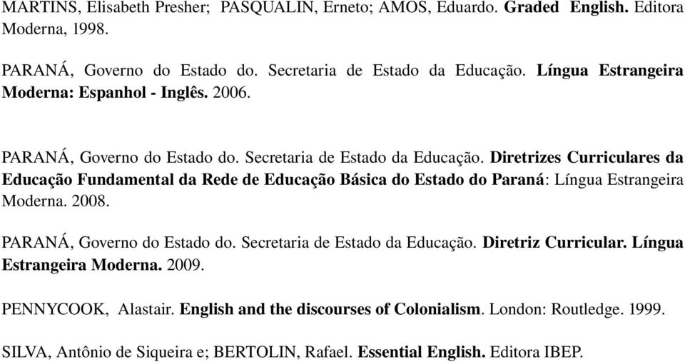 Diretrizes Curriculares da Educação Fundamental da Rede de Educação Básica do Estado do Paraná: Língua Estrangeira Moderna. 2008. PARANÁ, Governo do Estado do.