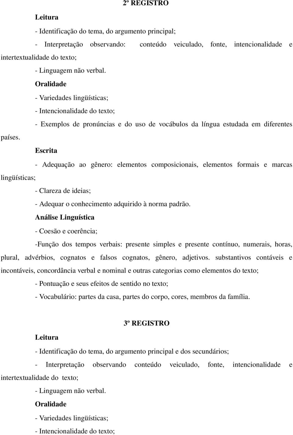 Variedades lingüísticas; Intencionalidade do texto; Exemplos de pronúncias e do uso de vocábulos da língua estudada em diferentes Escrita Adequação ao gênero: elementos composicionais, elementos