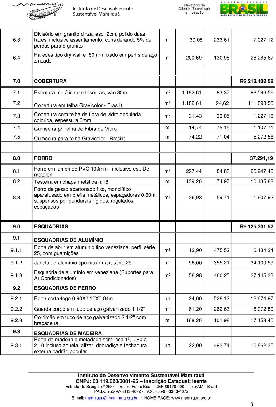 7.027,12 m² 200,69 130,98 26.285,67 7.0 COBERTURA R$ 218.102,58 7.1 Estrutura metálica em tesouras, vão 30m m² 1.182,61 83,37 98.596,56 7.2 Cobertura em telha Gravicolor - Brasilit m² 1.