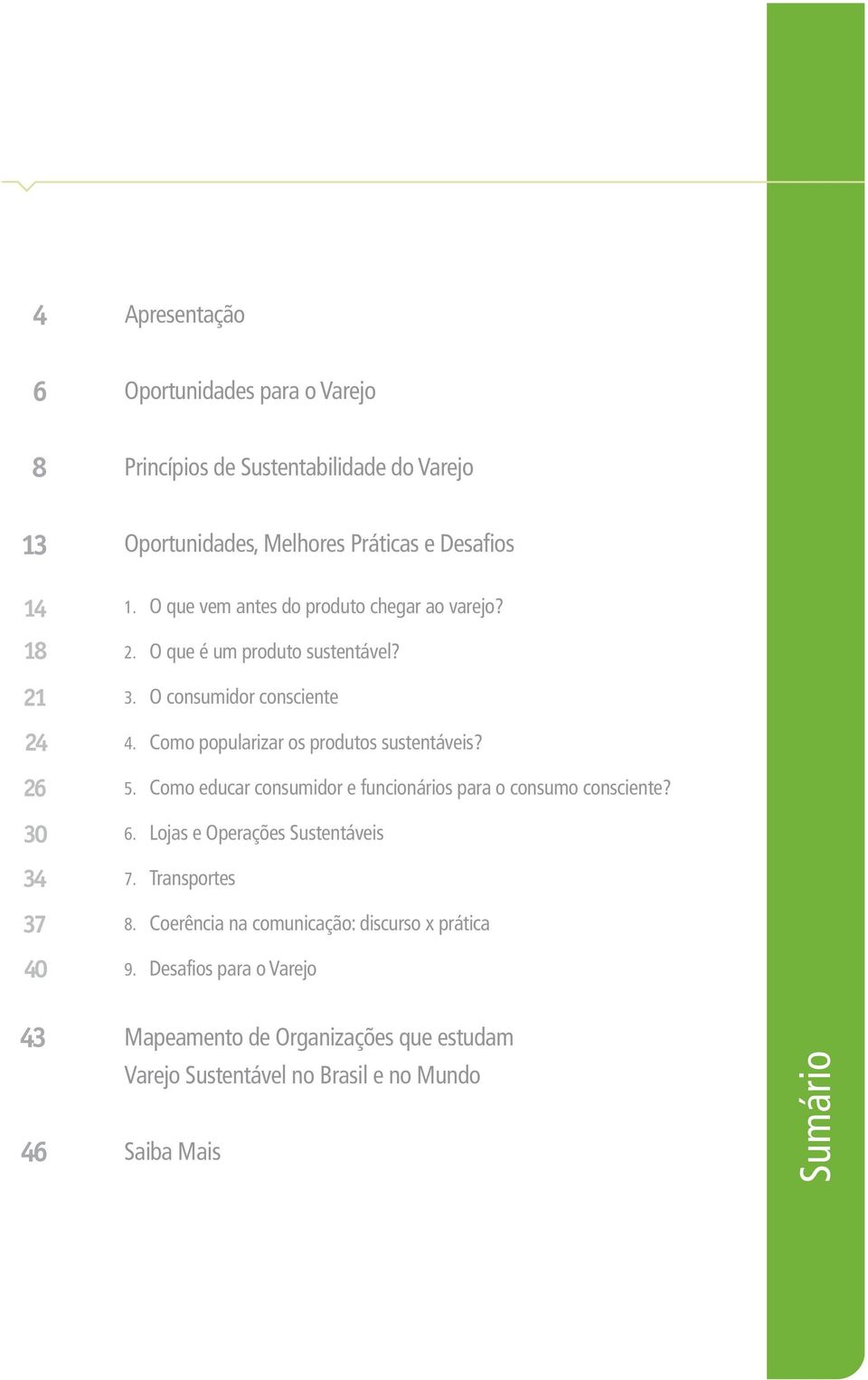 Como popularizar os produtos sustentáveis? 5. Como educar consumidor e funcionários para o consumo consciente? 6. Lojas e Operações Sustentáveis 7.