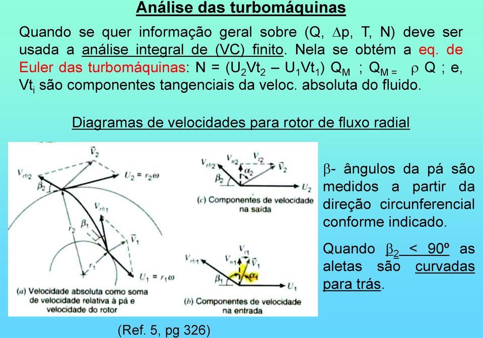 de Euler das turbomáquinas: N = (U 2 Vt 2 U 1 Vt 1 ) Q M ; Q M = Q ; e, Vt i são componentes tangenciais da veloc.