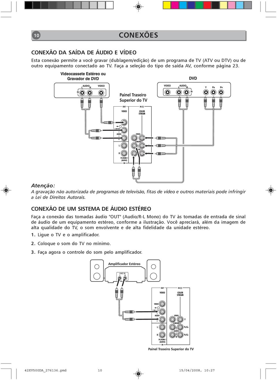 CONEXÃO DE UM SISTEMA DE ÁUDIO ESTÉREO Faça a conexão das tomadas áudio "OUT" (Audio/R-L Mono) do TV às tomadas de entrada de sinal de áudio de um equipamento estéreo, conforme a ilustração.