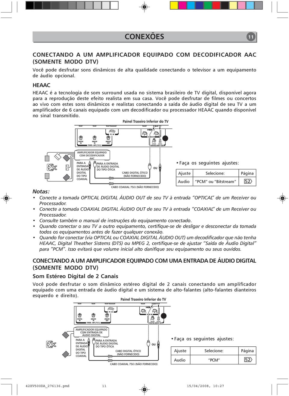 Você pode desfrutar de filmes ou concertos ao vivo com estes sons dinâmicos e realistas conectando a saída de áudio digital de seu TV a um amplificador de 6 canais equipado com um decodificador ou