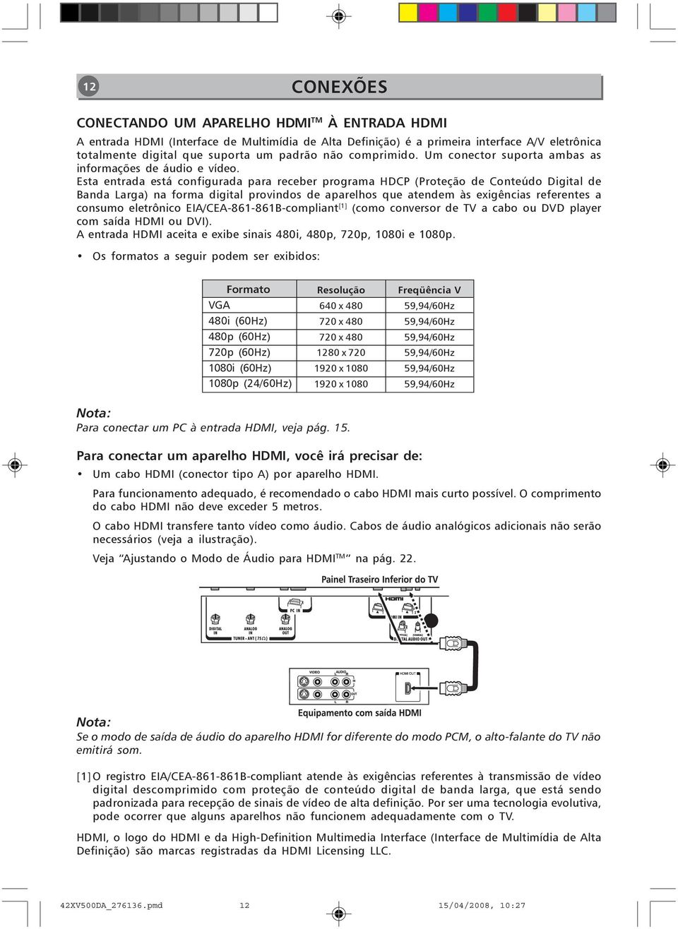 Esta entrada está configurada para receber programa HDCP (Proteção de Conteúdo Digital de Banda Larga) na forma digital provindos de aparelhos que atendem às exigências referentes a consumo