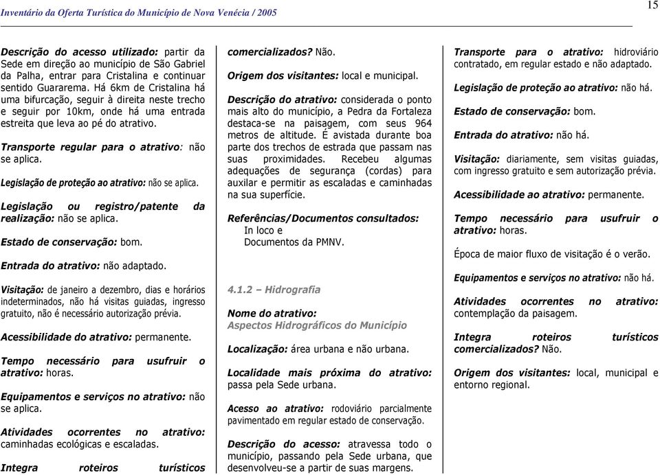 Legislação de proteção ao atrativo: não se aplica. Legislação ou registro/patente da realização: não se aplica. Estado de conservação: bom. Entrada do atrativo: não adaptado.