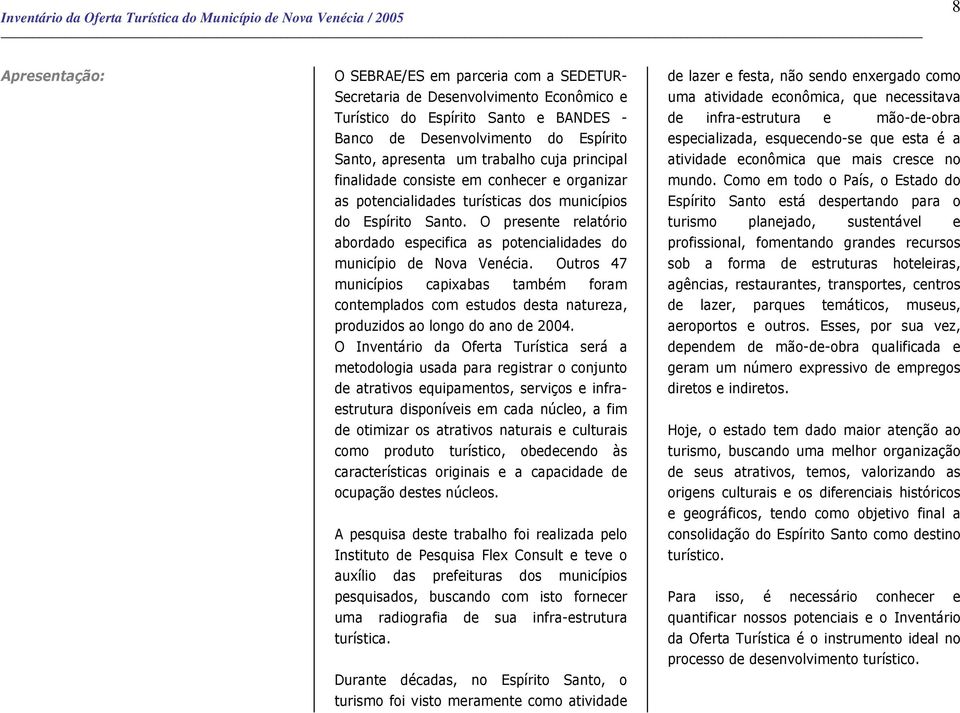 O presente relatório abordado especifica as potencialidades do município de Nova Venécia.