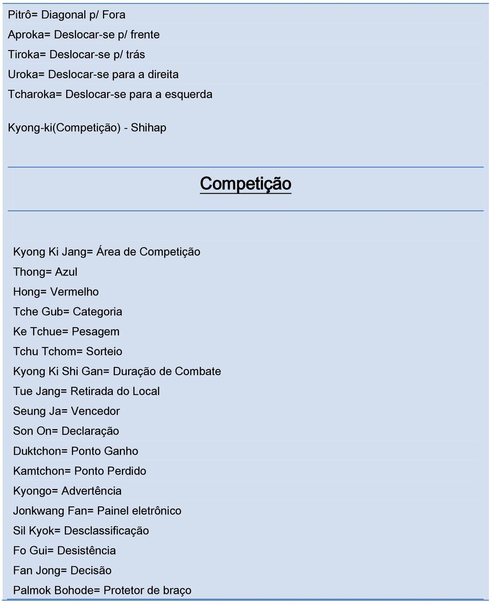Tchu Tchom= Sorteio Kyong Ki Shi Gan= Duração de Combate Tue Jang= Retirada do Local Seung Ja= Vencedor Son On= Declaração Duktchon= Ponto Ganho