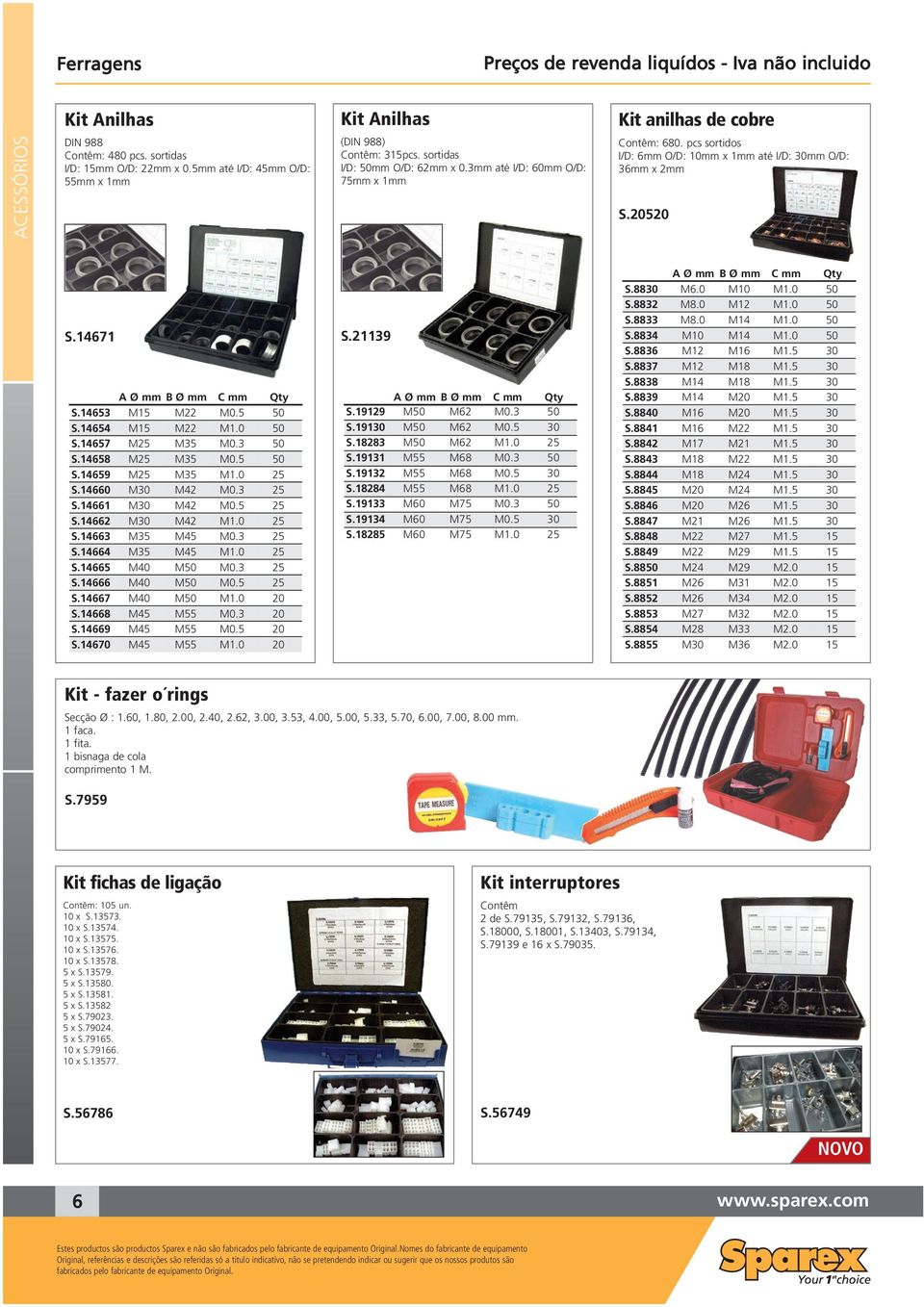 pcs sortidos I/D: 6mm O/D: 10mm x 1mm até I/D: 30mm O/D: 36mm x 2mm S.20520 S.14671 A Ø mm B Ø mm C mm Qty S.14653 M15 M22 M0.5 50 S.14654 M15 M22 M1.0 50 S.14657 M25 M35 M0.3 50 S.14658 M25 M35 M0.