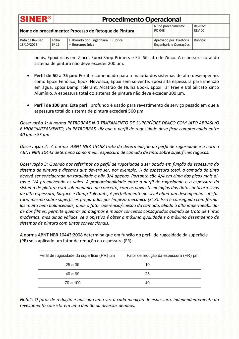 Tolerant, Alcatrão de Hulha Epoxi, Epoxi Tar Free e Etil Silicato Zinco Alumínio. A espessura total do sistema de pintura não deve exceder 300 μm.