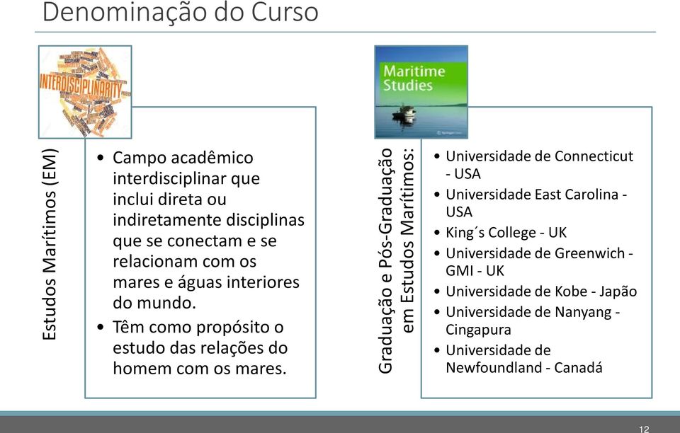 Graduação e Pós-Graduação em Estudos Marítimos: Universidade de Connecticut - USA Universidade East Carolina - USA King s College - UK