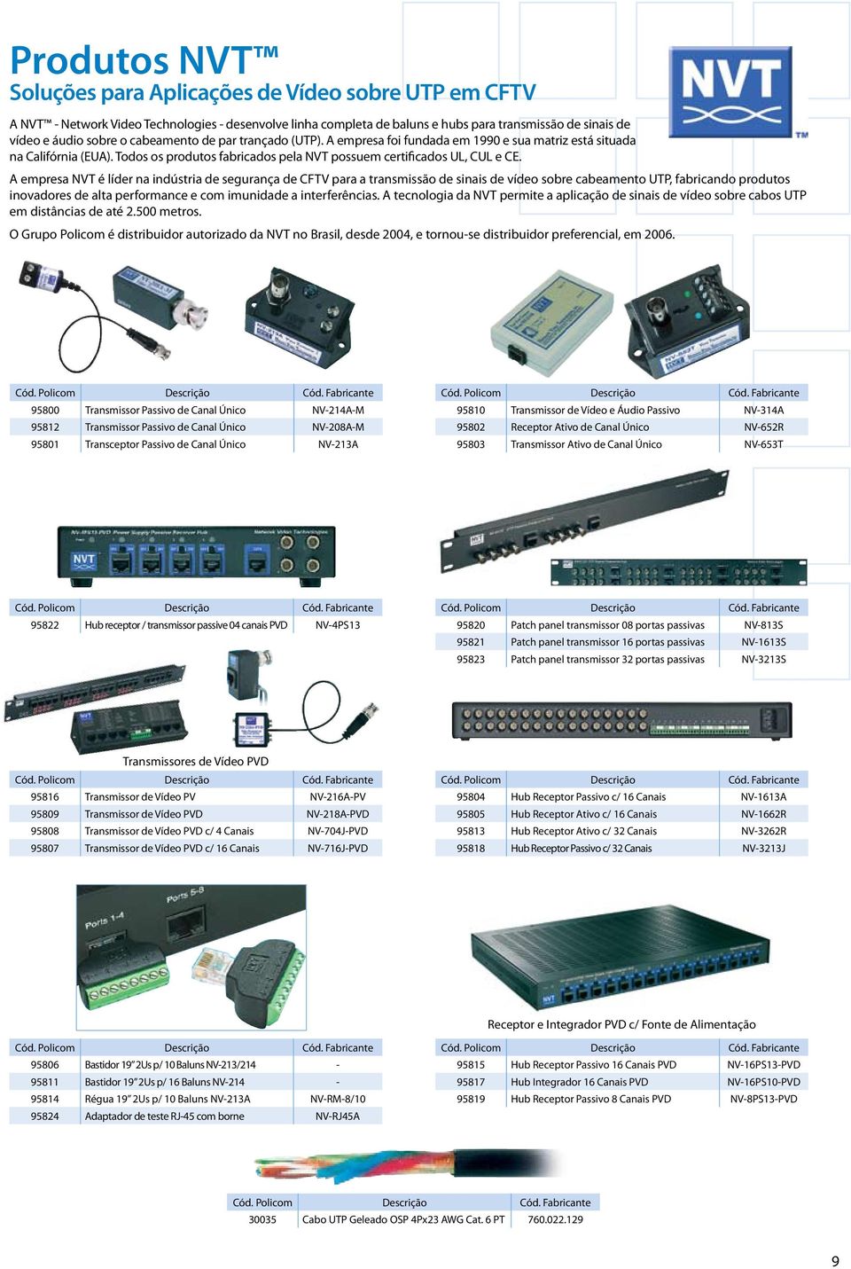 A empresa NVT é líder na indústria de segurança de CFTV para a transmissão de sinais de vídeo sobre cabeamento UTP, fabricando produtos inovadores de alta performance e com imunidade a interferências.