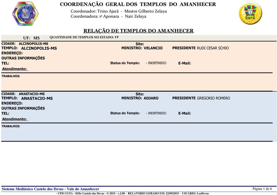 ALCINOPOLIS-MS TEMPLO: ALCINOPOLIS-MS MINISTRO: VELANCIO PRESIDENTE RUDI CESAR SCHIO CIDADE: ANASTACIO-MS TEMPLO: