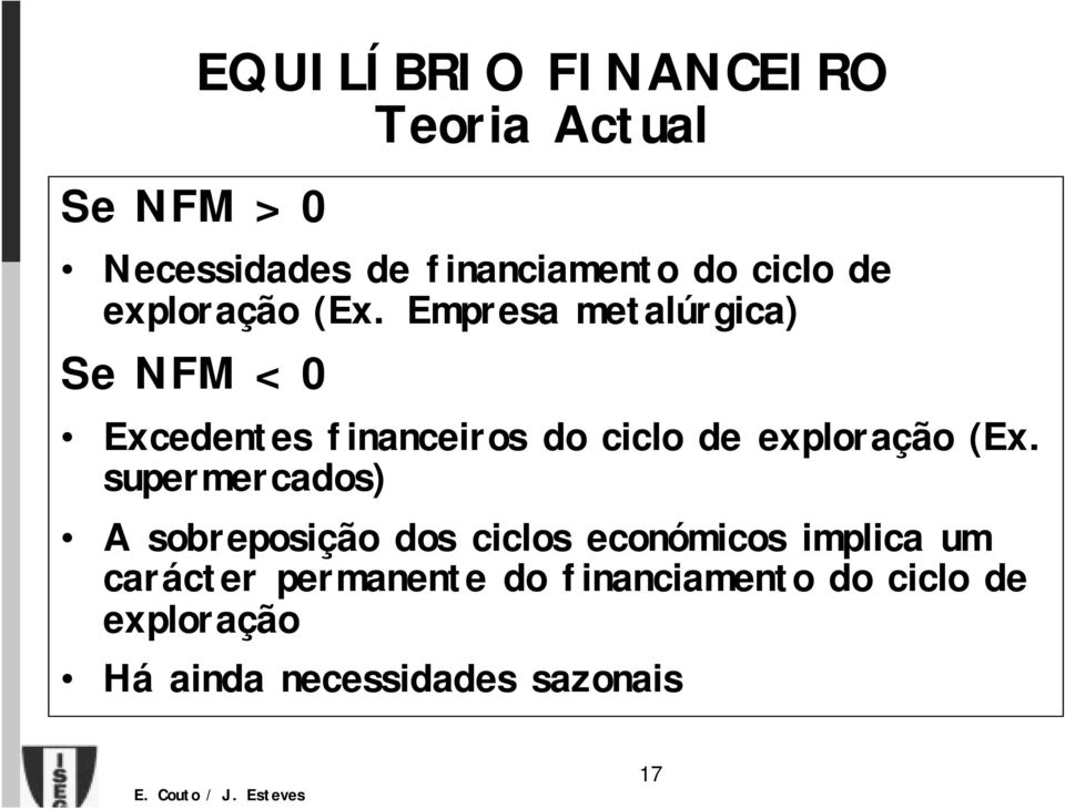 Empresa metalúrgica) Se NFM < 0 Excedentes financeiros do ciclo  supermercados) A