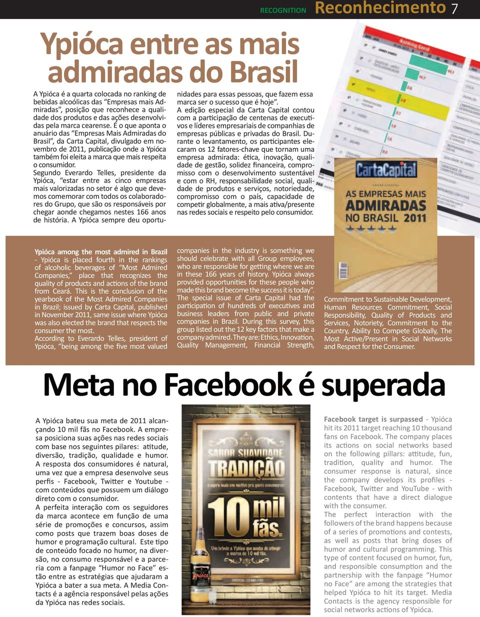 É o que aponta o anuário das Empresas Mais Admiradas do Brasil, da Carta Capital, divulgado em novembro de 2011, publicação onde a Ypióca também foi eleita a marca que mais respeita o consumidor.