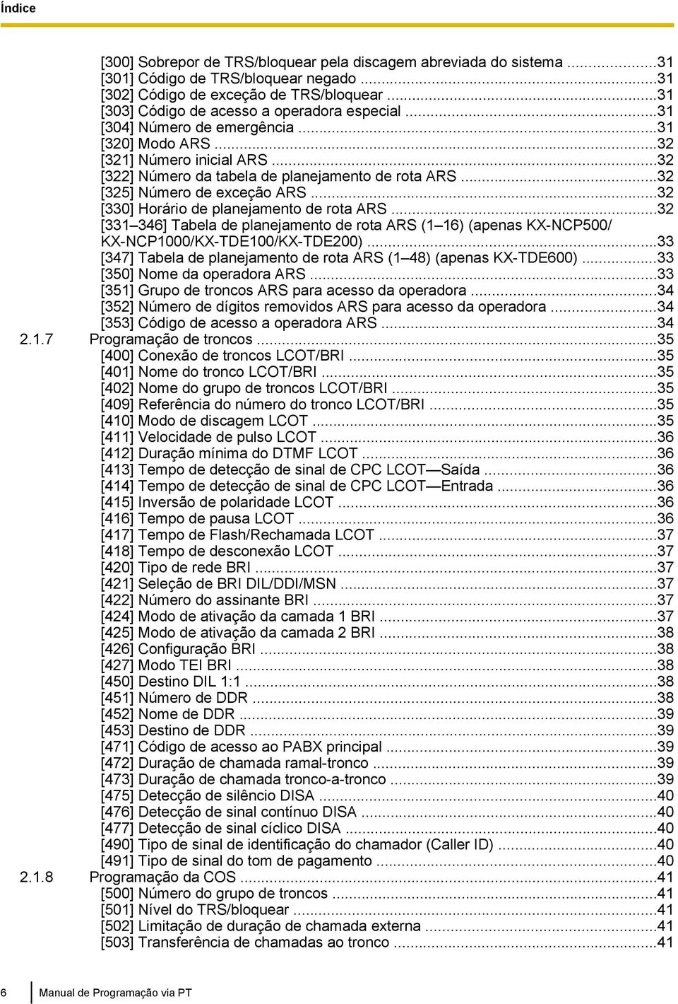 ..32 [325] Número de exceção ARS...32 [330] Horário de planejamento de rota ARS...32 [331 346] Tabela de planejamento de rota ARS (1 16) (apenas KX-NCP500/ KX-NCP1000/KX-TDE100/KX-TDE200).