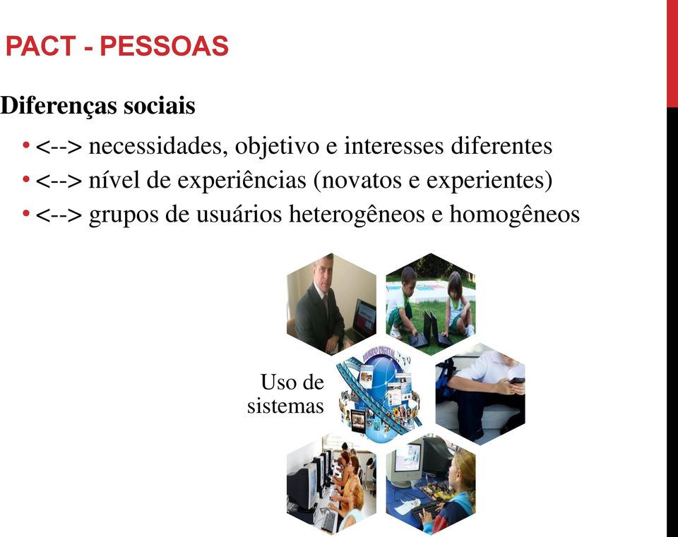 <--> nível de experiências (novatos e experientes)