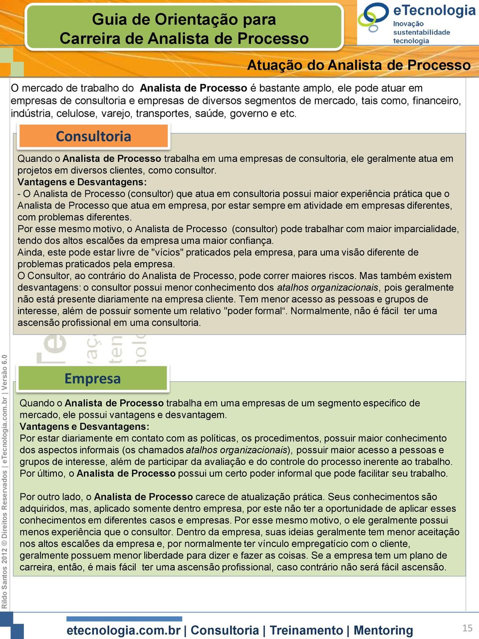 Consultoria Quando o Analista de Processo trabalha em uma empresas de consultoria, ele geralmente atua em projetos em diversos clientes, como consultor.