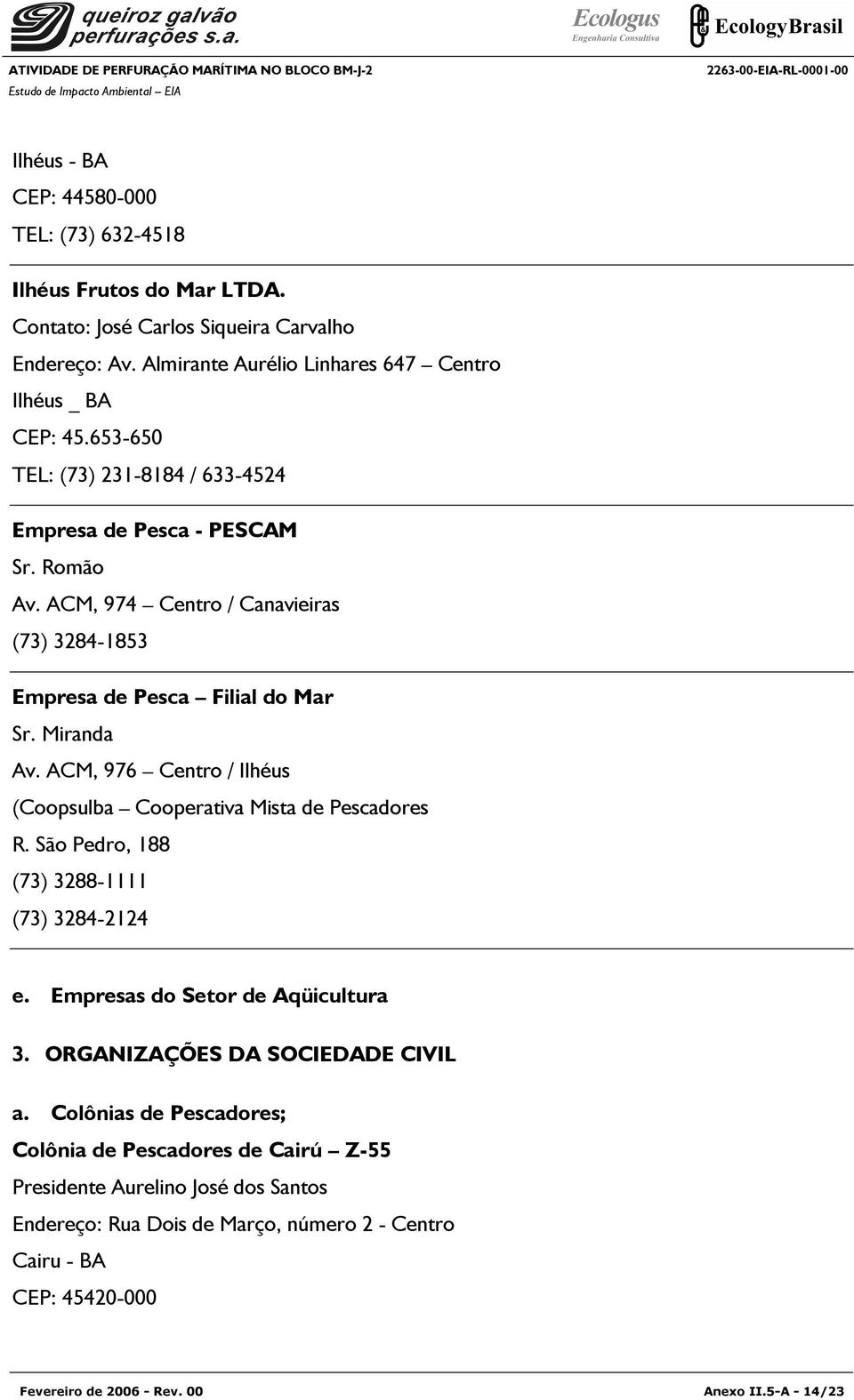 ACM, 974 Centro / Canavieiras (73) 3284-1853 Empresa de Pesca Filial do Mar Sr. Miranda Av. ACM, 976 Centro / Ilhéus (Coopsulba Cooperativa Mista de Pescadores R.