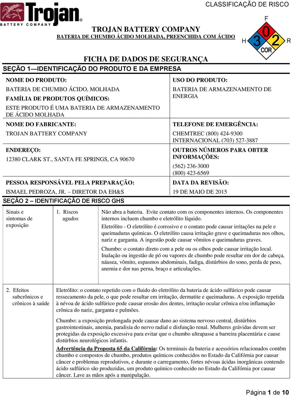 , SANTA FE SPRINGS, CA 90670 PESSOA RESPONSÁVEL PELA PREPARAÇÃO: ISMAEL PEDROZA, JR.